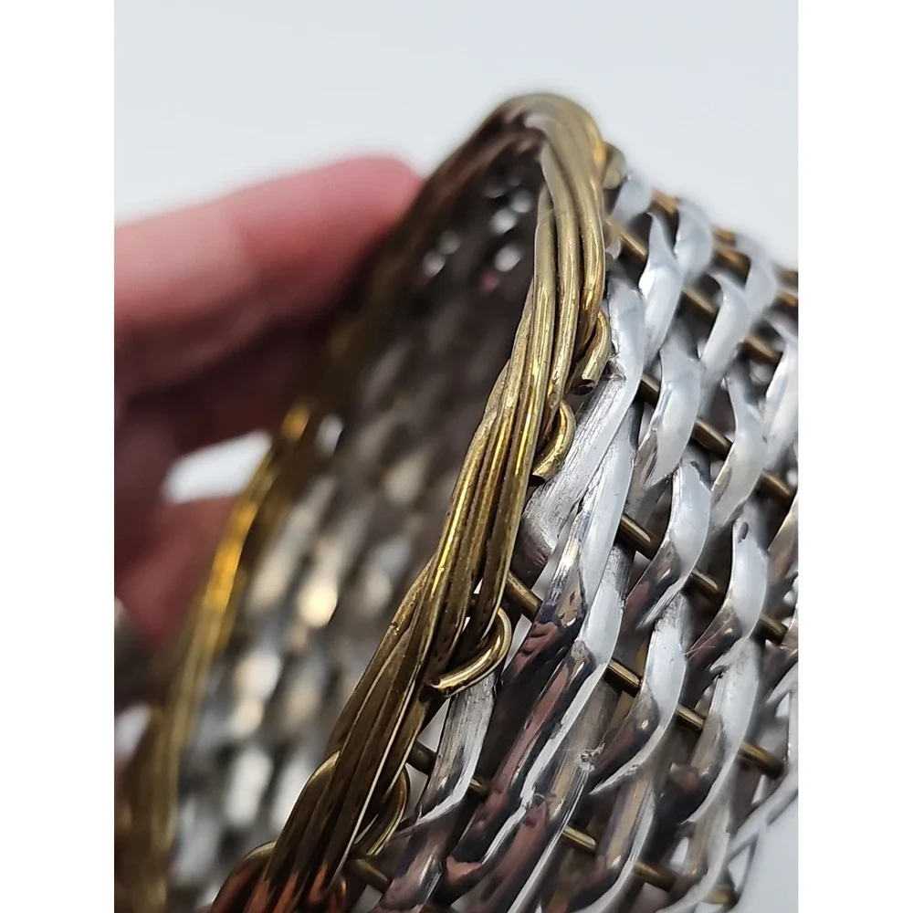 Vintage Woven Metal Basket Silver & Gold Tone Round Boho Decor
